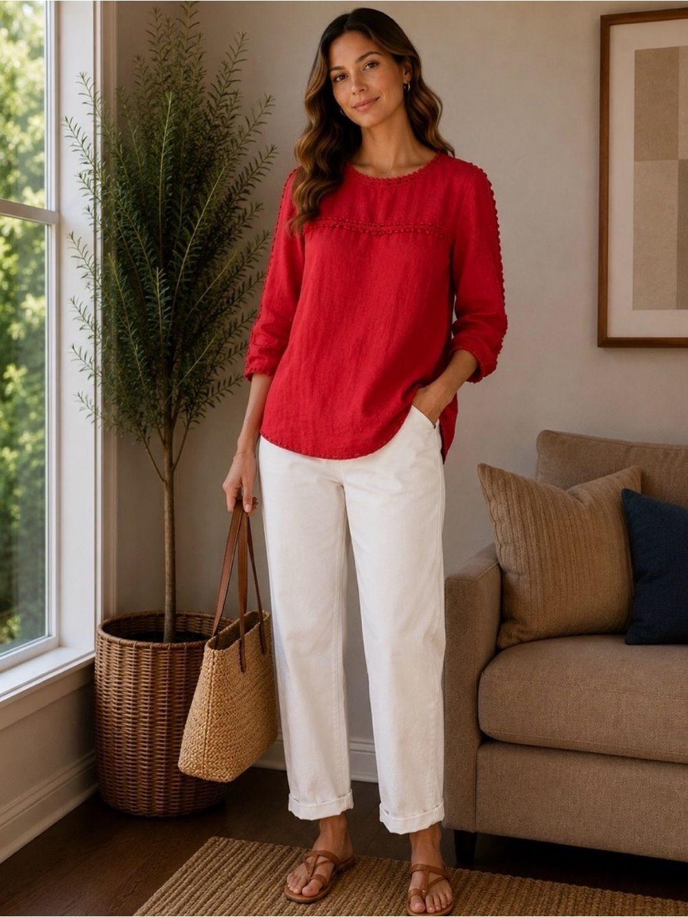 J Crew Embroidered linen top Size 4 Vibrant Red F0825 Lightweight Breathable